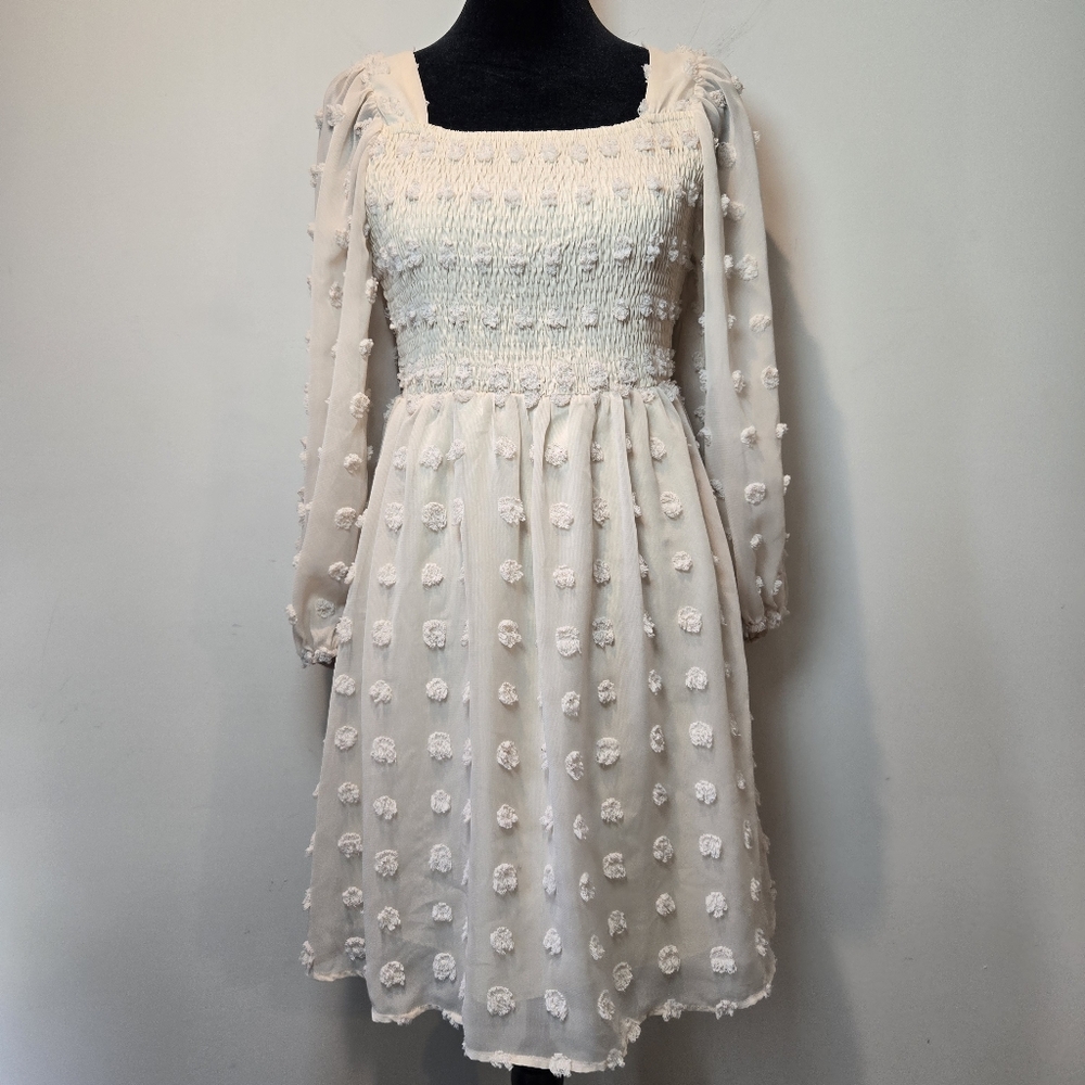 Simplee Dress Natural Beige Off White Lantern Sleeve Polka Dot Mini Dress Small